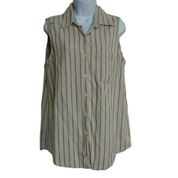Abercrombie & Fitch Women's Blouse Linen blend Sleeveless Button-front Striped - Picture 2 of 9
